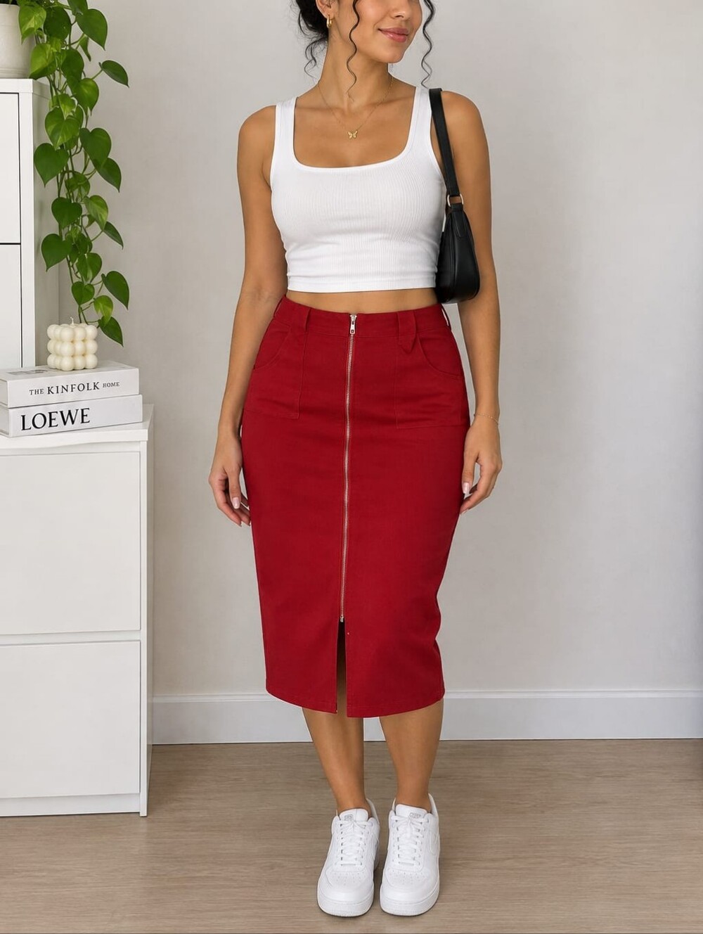 Red High-Waist Midi Pencil Skirt with Front Zip